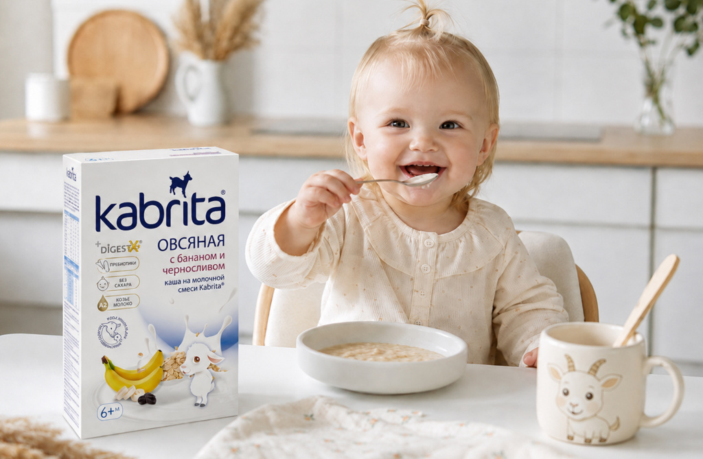 Ребенок ест кашу Kabrita за столом