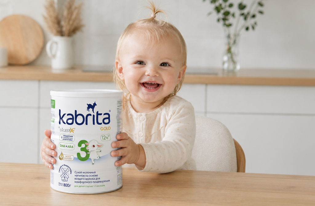 Ребенок держит упаковку Kabrita 3
