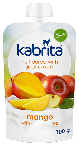 Kabrita<r></r> Augļu biezenis ar saldo krējumu no kazas piena «Mango ar ābolu biezeni»