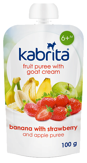 Kabrita<r></r> Banāns ar zemenēm un ābolu biezeni un saldo krējumu no kazas piena